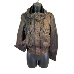 vtg‎ y2k All Saints 12 Pace Lambs Leather Brown Biker Distressed Jacket sz 6